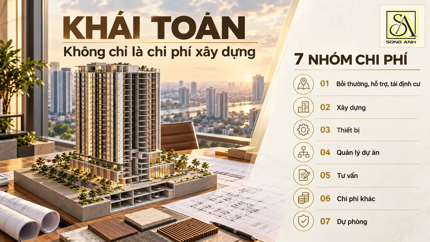 7 nhóm chi phí trong khái toán dự án cao tầng, từ bồi thường đến xây dựng, thiết bị và dự phòng.
